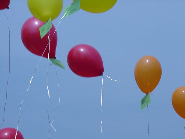 De offici&euml;le opening met ballonnen waaraan kaartjes met adressen uit de wijk zijn bevestigd om terug te sturen